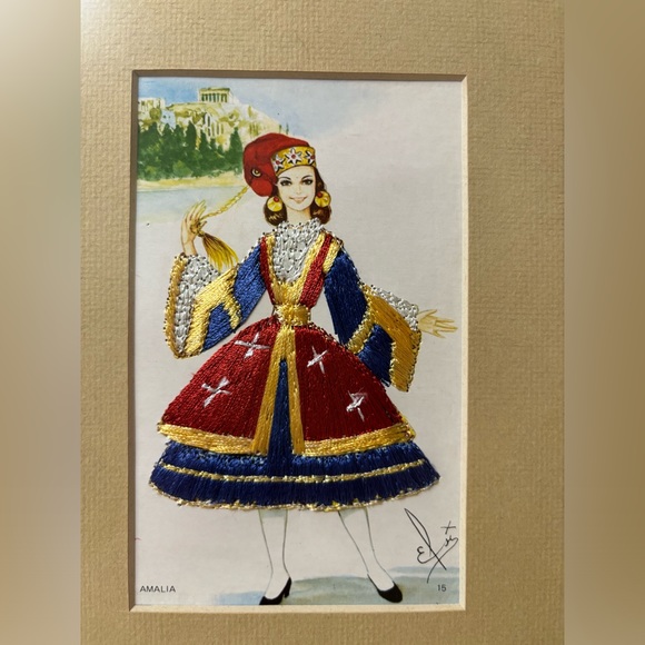 Vintage Greek dance inspired silk embroidered wood framed postcards by Isabel - Picture 4 of 12